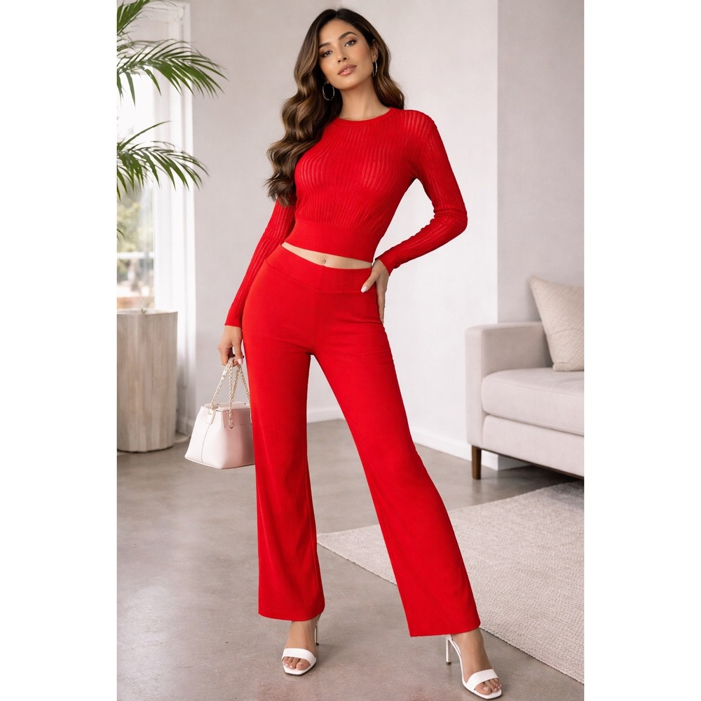 Chic me Red Ribbed Knit Two Piece Set Sheer Long Sleeve Top & High Waist‎ Pants